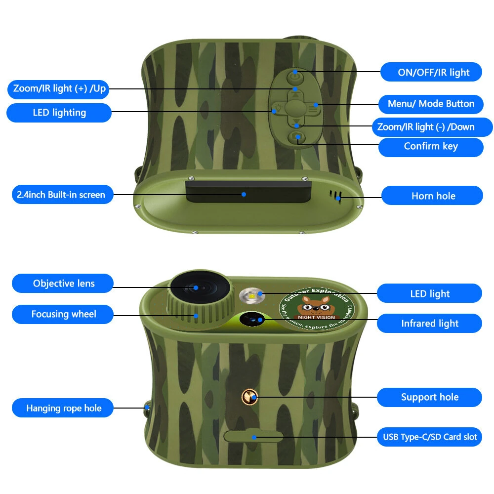 (image for) Kids Teens Night Vision Binoculars with 2.4 inch Display 8X Zoom and 5W Tactical LED Light Best Gifts for your Children-DT15